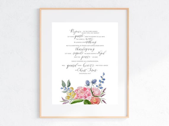 Philippians 4:4-7 Italian Paper Scripture Print with Florals• Watercolor & Calligraphy • Bible Verse• Christian Art • NASB • All sizes