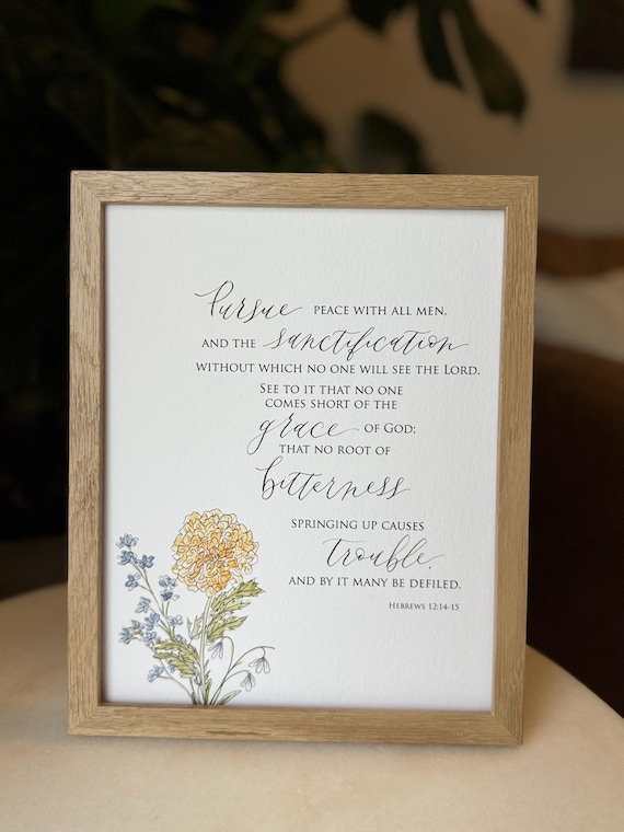 Hebrews 12:14-16 Scripture Print • Calligraphy, Floral Watercolor, Italian Paper