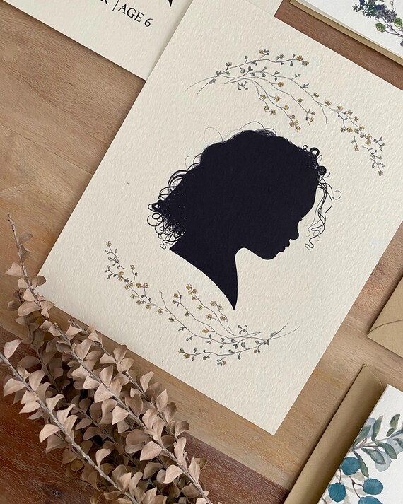 Custom Hand-Drawn Child Silhouette Art Print: Watercolor Florals, Italian Paper