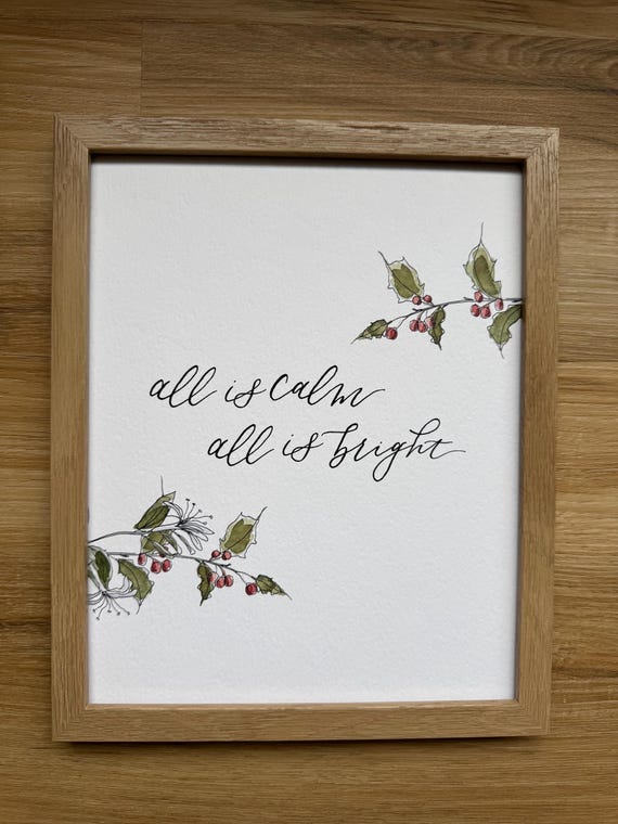 Christmas Print, 'All is Calm', Floral Watercolor, Italian Paper