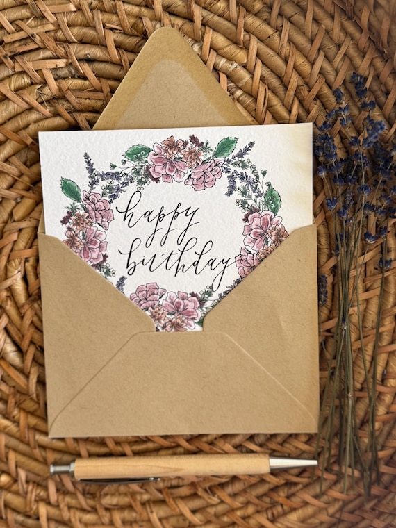 Happy Birthday greeting card with florals • Watercolor & Calligraphy on Italian Paper •