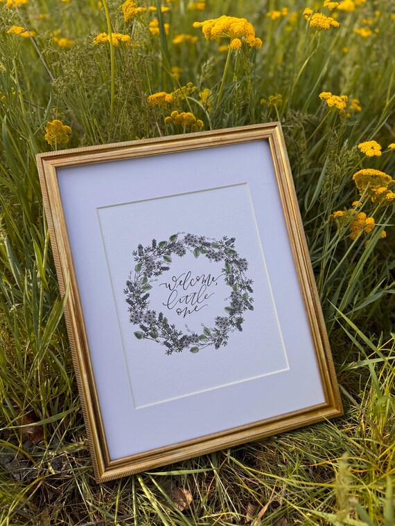 Welcome Little One Print • Calligraphy, Blue Watercolor Floral Wreath, Italian Paper