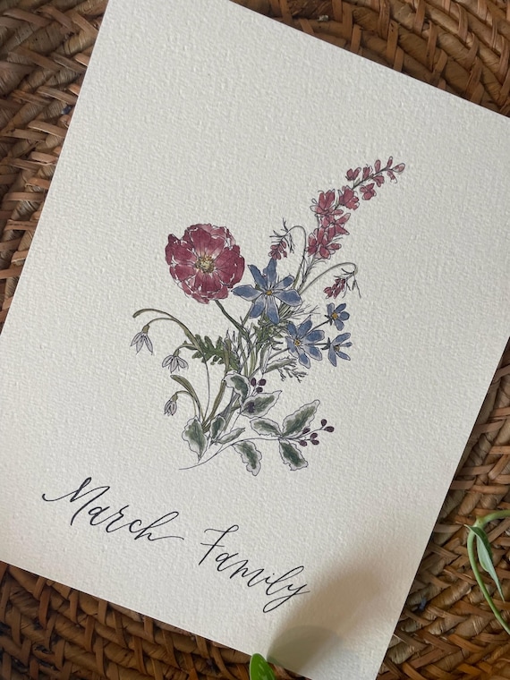 11x14" Birth Month Floral Print • Custom Family Watercolor Bouquet and Calligraphy Art, Italian Paper