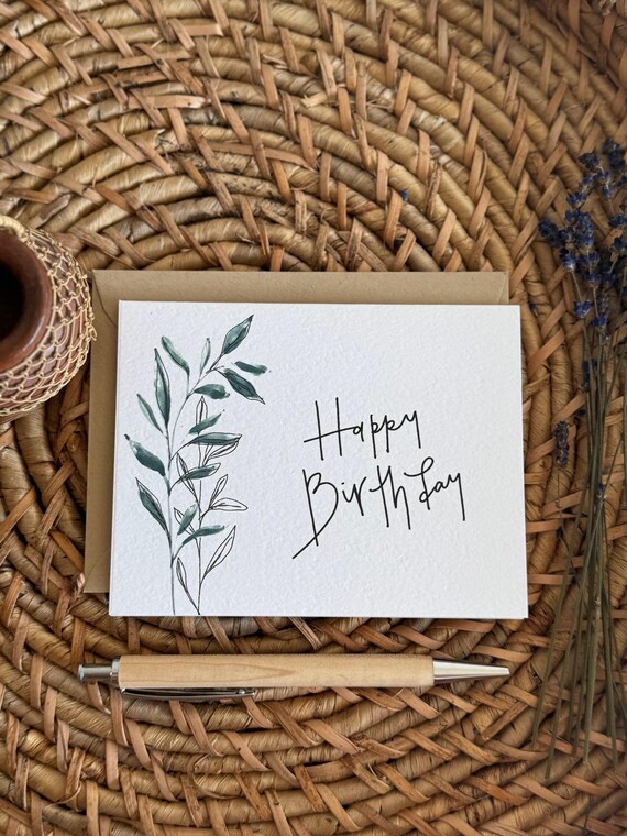 Happy Birthday Greeting Card • Calligraphy, Floral Watercolor, Italian Paper