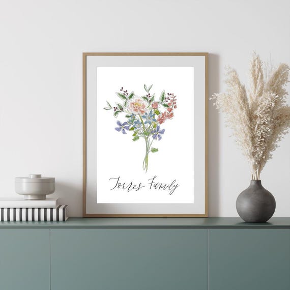 Birth Month Floral Print • Custom Family Watercolor Bouquet and Calligraphy Art, Italian Paper