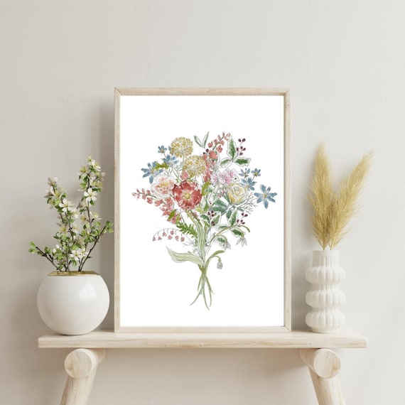 11x14" Birth Month Floral Print • Custom Family Watercolor Bouquet and Calligraphy Art, Italian Paper