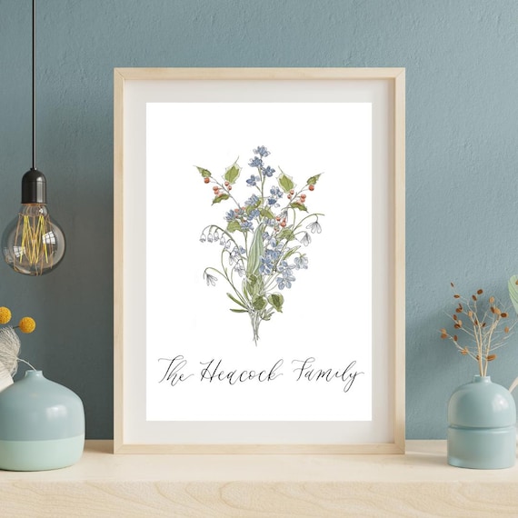 Custom Birth Month Floral Print • Watercolor Family Bouquet, Calligraphy Art