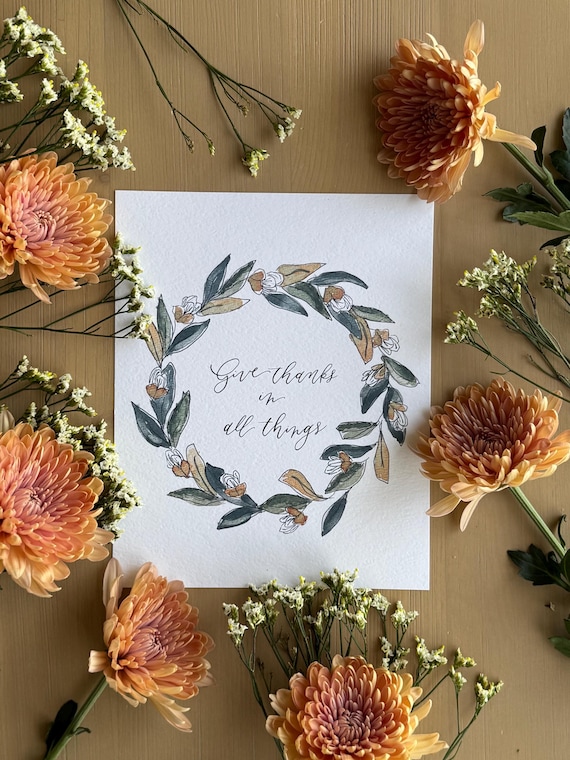 Give Thanks Print • Thanksgiving Calligraphy, Floral Watercolor Art, Italian Paper