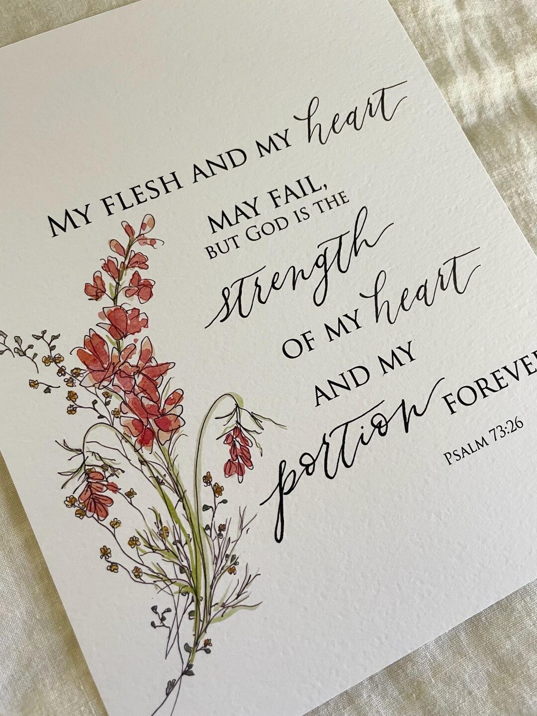 Psalm 73:26 Italian Paper Scripture Print With Florals• Watercolor ...