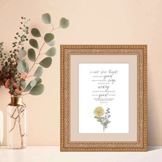 Galatians 6:9-10 Scripture Print • Calligraphy, Floral Watercolor Art, Italian Paper