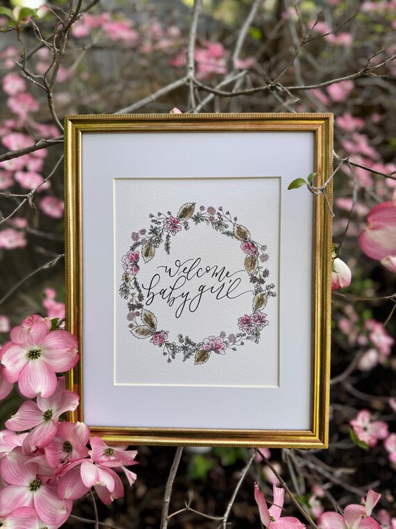 Welcome Baby Girl Print • Calligraphy, Pink Watercolor Floral Wreath, Italian Paper