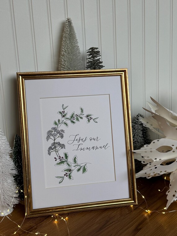 Jesus Our Immanuel Christmas Print • Calligraphy, Floral Watercolor, Italian Paper