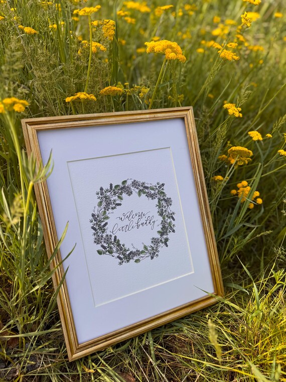 Welcome Little Buddy Print • Blue Watercolor Florals, Calligraphy • Nursery Wall Art