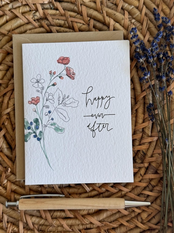 Happy Ever After Wedding Card • Floral Watercolor Calligraphy, Italian Paper