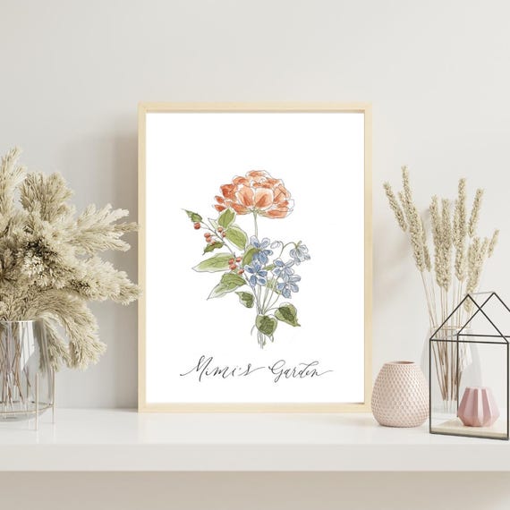 11x14" Custom Birth Month Floral Print • Watercolor Family Bouquet, Calligraphy Art