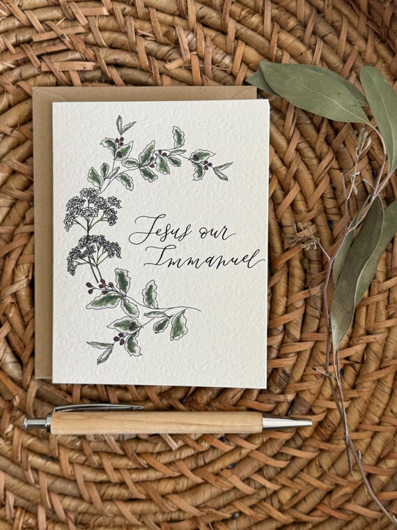 Jesus Our Immanuel greeting card with florals • Watercolor & Calligraphy on Italian Paper • Emmanuel Christmas