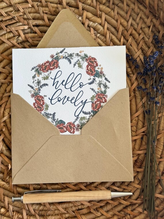 Hello Lovely Floral Greeting Card • Watercolor Calligraphy on Italian Paper