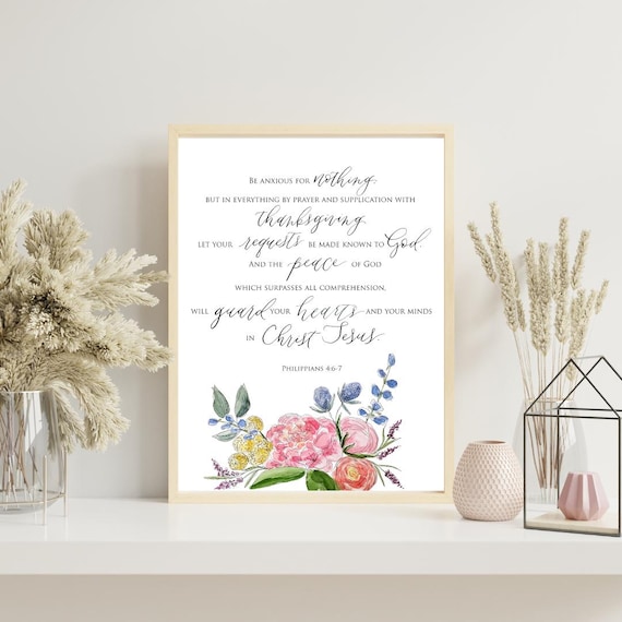Philippians 4:6-7 Italian Paper Scripture Print with Florals• Watercolor & Calligraphy • Bible Verse• Christian Art • NASB • All sizes