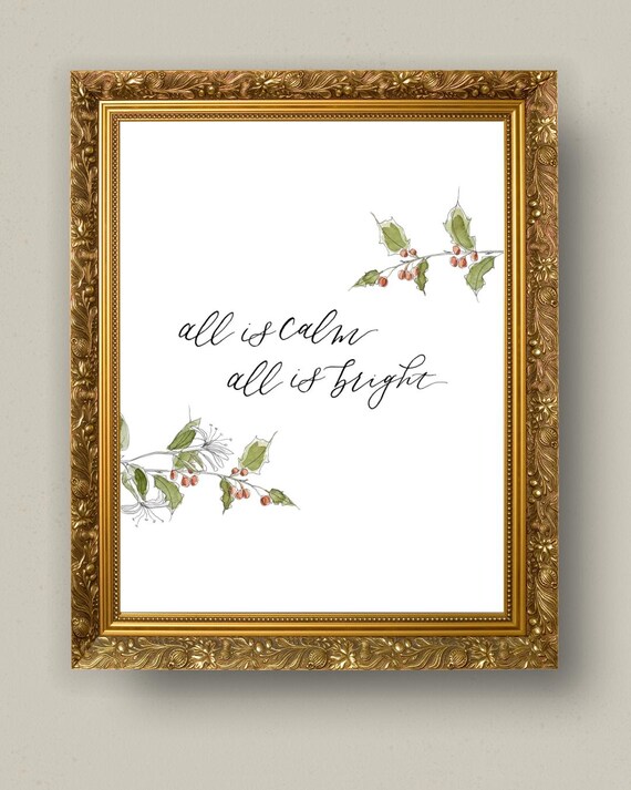 Christmas Print, 'All is Calm', Floral Watercolor, Italian Paper