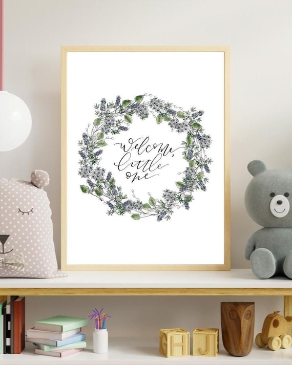 Welcome Little One Print • Calligraphy, Blue Watercolor Floral Wreath, Italian Paper