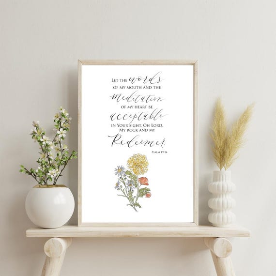 Psalm 19:14 Scripture Print • Calligraphy, Floral Watercolor Art, Italian Paper