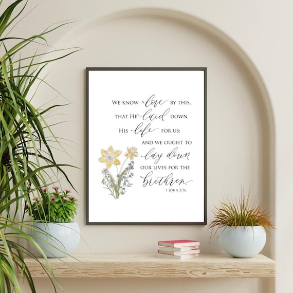 1 John 3:16 Scripture Print • Calligraphy, Floral Watercolor Art, Italian Paper