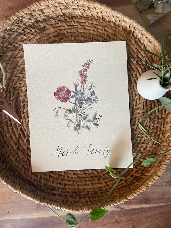Birth Month Floral Print • Custom Family Watercolor Bouquet and Calligraphy Art, Italian Paper