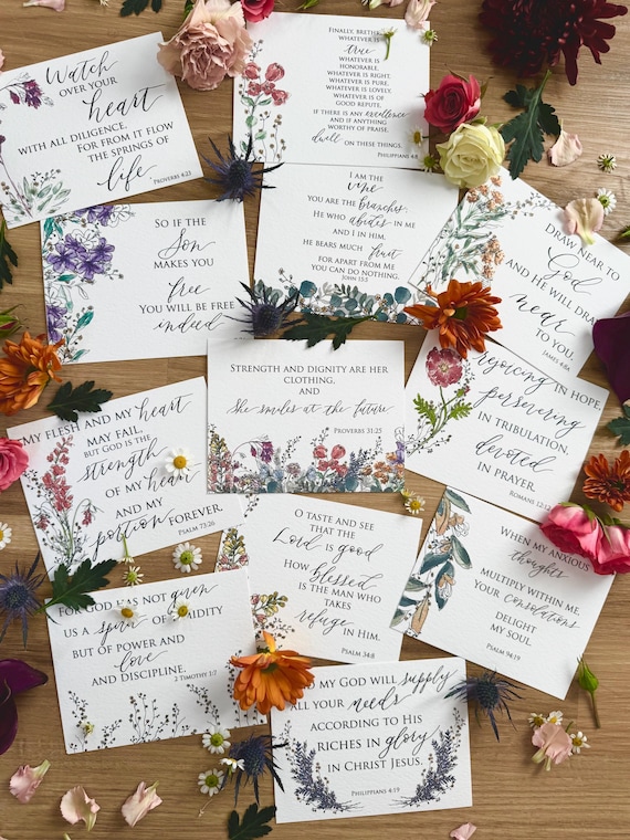 Smiling at the Future Bible Memory Verse Cards • Floral Watercolor Calligraphy, Italian Paper