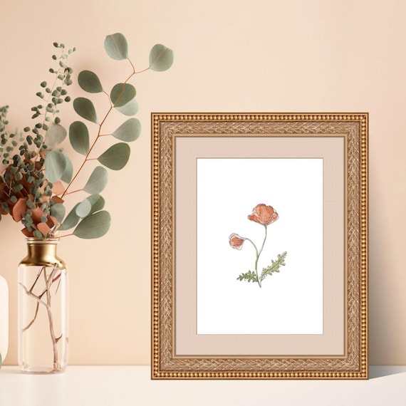 August Birth Month Flower Print | Poppy Art | Minimalist Botanical Wall Art on Italian Paper