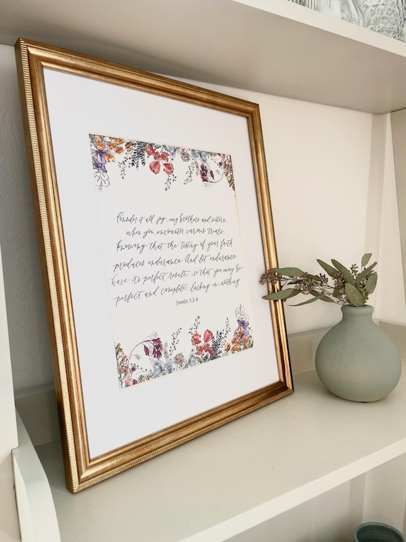 James 1:2-4 Scripture Print • Calligraphy, Floral Watercolor Art, Italian Paper