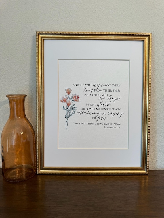 Revelation 21:4 Scripture Print • Calligraphy, Floral Watercolor, Italian Paper