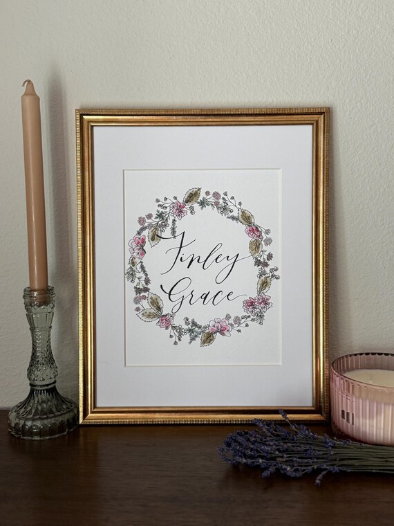 Custom Baby Name Floral Wreath Print • Italian Paper Calligraphy, Nursery Art