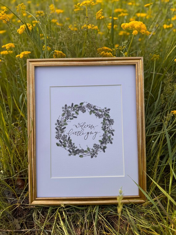 Welcome Little Guy Print • Blue Floral Wreath, Calligraphy, Nursery Wall Art