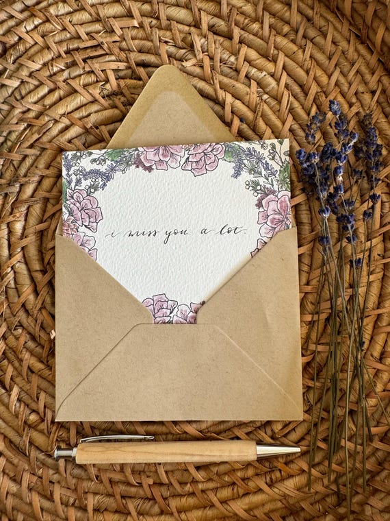I Miss You Greeting Card • Calligraphy, Watercolor Floral, Italian Paper