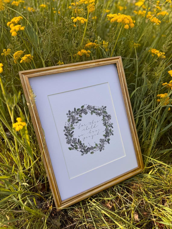 For This Child We Have Prayed: Floral Christian Nursery Print Blue, Italian Paper Calligraphy