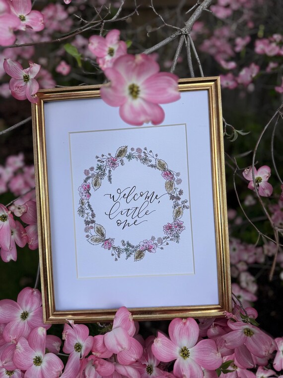 Welcome Little One Print • Pink Floral Watercolor Wreath, Calligraphy, Baby Girl Nursery Art