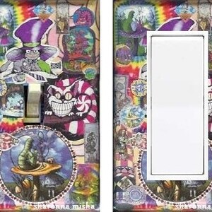 May include: Decorative light switch cover featuring a colorful collage with illustrations of characters from Alice in Wonderland. The design includes the Mad Hatter, Cheshire Cat, and other whimsical elements, with a vibrant, psychedelic color scheme.
