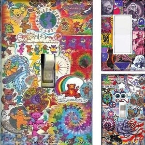 May include: A set of three decorative light switch covers. The covers feature a collage of colorful images, including dancing bears, rainbows, and psychedelic patterns. The designs are vibrant and eye-catching, perfect for adding a unique touch to any room.
