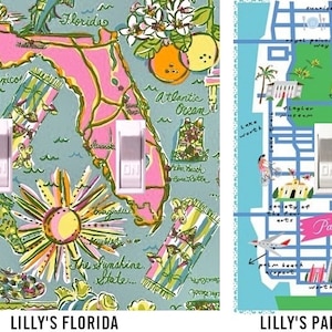 Puede incluir: Dos tapas de interruptor de luz con un diseño de mapa colorido. La tapa de la izquierda presenta un mapa de Florida con el texto "Lilly's Florida" y la tapa de la derecha presenta un mapa de Palm Beach con el texto "Lilly's Palm Beach".