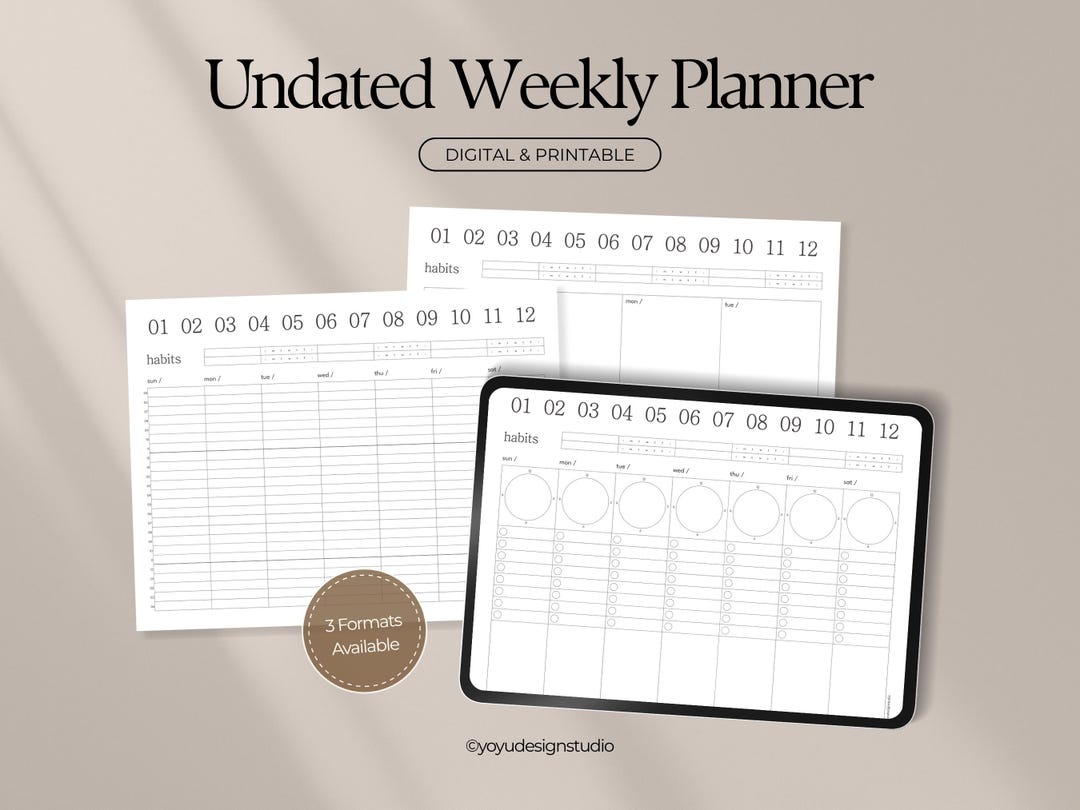 Undated Weekly Planner Digital Printable PDF, Goodnotes, Hourly Time ...