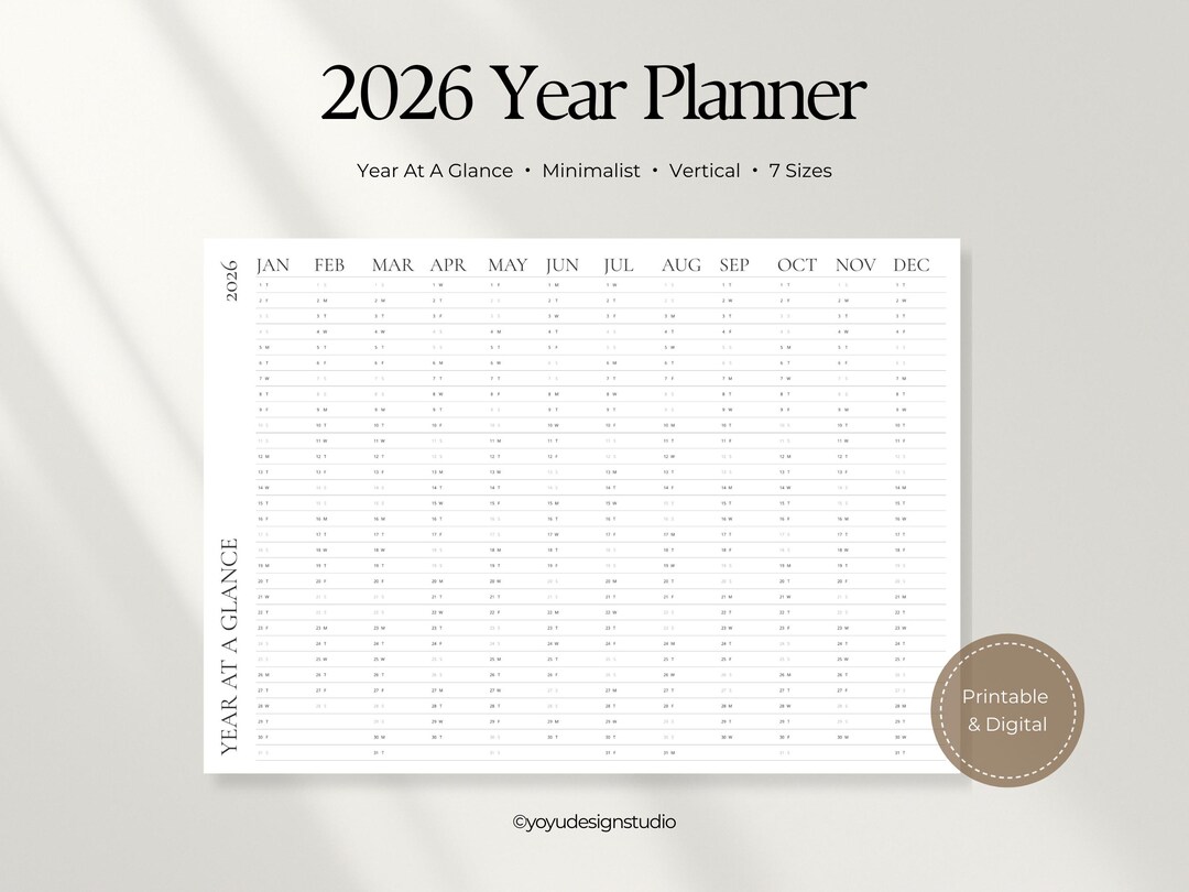 2026 Year at a Glance Calendar | Printable Wall Planner | Minimalist ...