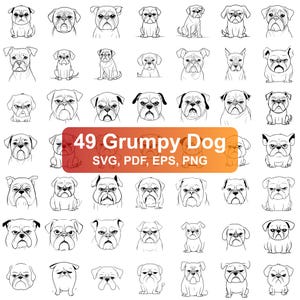 Könnte beinhalten: Ein Set mit 49 Schwarzweiß-Illustrationen von mürrischen Hunden in verschiedenen Posen. Die Illustrationen sind im Cartoon-Stil gehalten und zeigen verschiedene Hunderassen. Der Text "49 Grumpy Dog" und "SVG, PDF, EPS, PNG" befindet sich am unteren Rand des Bildes.