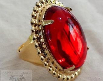 Anillo grande de piedra ovalada con borde de cuentas, tamaño ajustable: épocas medieval, renacentista, Tudor e isabelina.