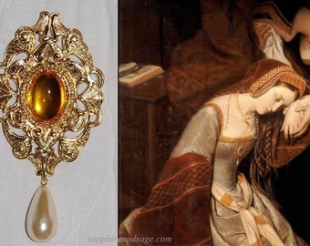 PICK YOUR COLOR: &quot;Anne in the Tower&quot; Anne Boleyn Portrait Replication Renaissance Brooch Pin Elizabethan Tudor Faire Bodice Dress Gown