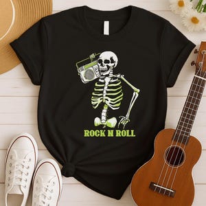Rock N Roll Skeleton Shirt - Vintage Rock Tee for Music Lovers, Perfect Heavy Metal Gift, Retro Punk Rock Band and Music Festival Wear
