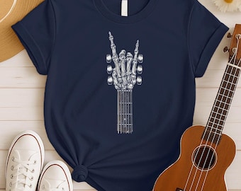 Maglietta con chitarra a mano scheletrica - Maglietta rock and roll unica per gli amanti della chitarra, regalo per gli appassionati di musica rock, maglietta vintage da chitarrista