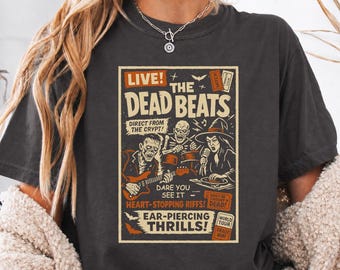 Vintage Rock Band Halloween Music Tee, Retro Horror Rock and Roll Live Concert Shirt
