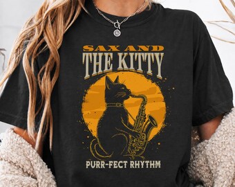 Funny Cat Shirt Gift for Jazz Lovers, Vintage Cat Playing Saxophone Musician Tee
