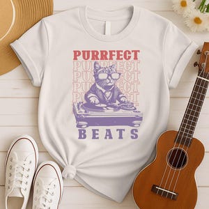 Purrfect Beats Katzen-Shirt, lustiges Katzenliebhabergeschenk, Retro Katzen-Shirt, Musikfestival-Hemd, Katzen-T-Shirt, Katzenliebhaber-T-Stück, Katzenpapa-Hemd