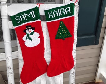 ORDER EARLY   Hand Knitted - Personalized Christmas Stocking, Red, Green with Snowman or Christmas Tree